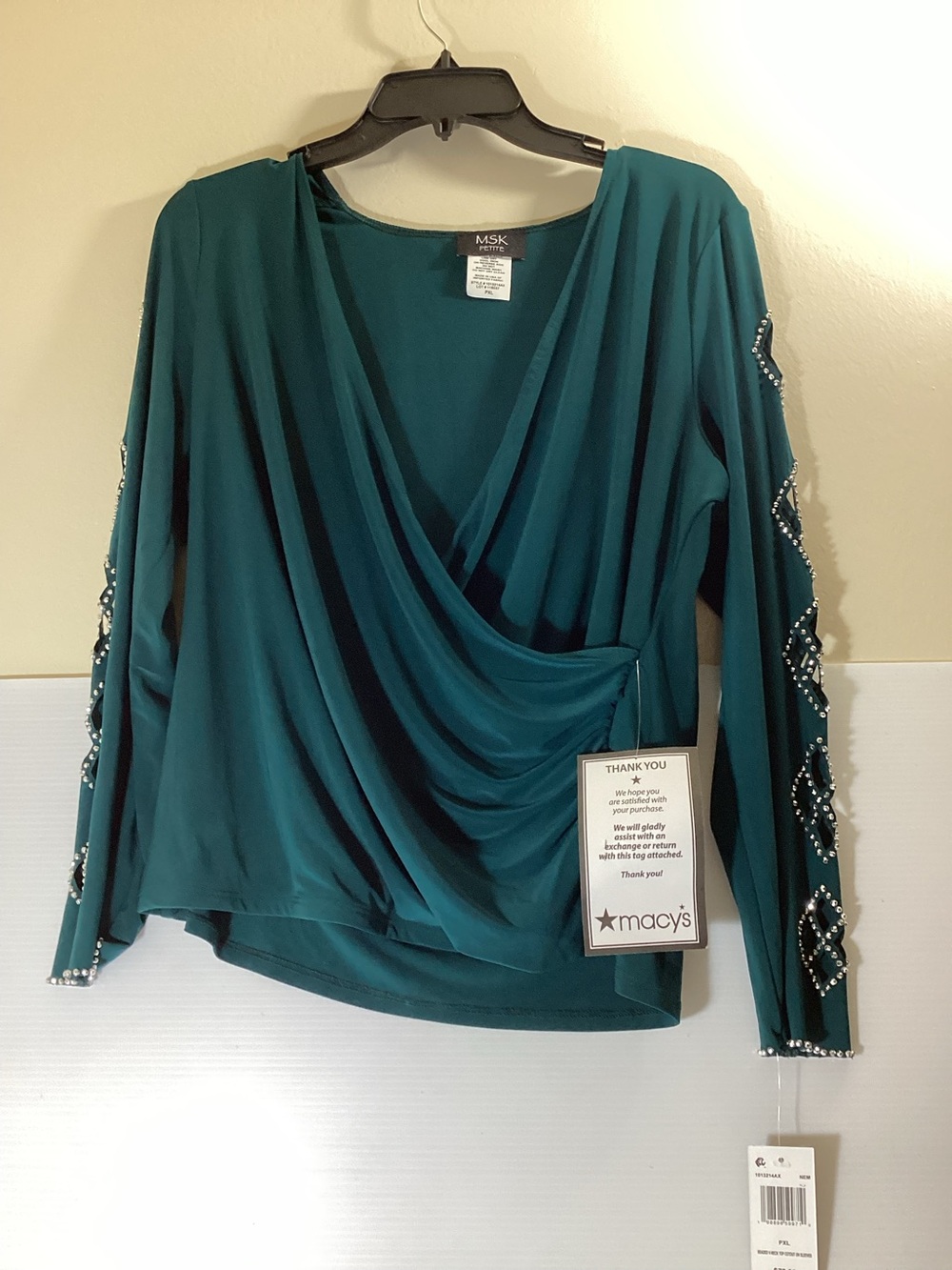 MSK Petite Faraj Long Sleeves Faux Wrap Top ONLY AVAILABLE IN EMERALD GREEN - Picture 2 of 4
